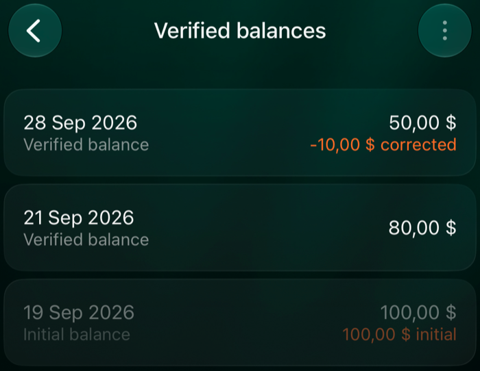 iOS Verified balances: 28 Sep 2026 verified balance 50,00 $, −10,00 $ corrected; 21 Sep 2026 verified balance 80,00 $; 19 Sep 2026 initial balance 100,00 $.