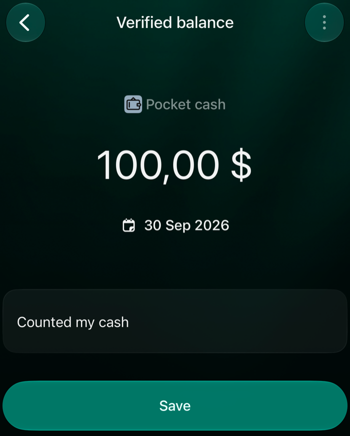Unsaved iOS verified balance for Pocket cash: 100,00 $, 30 Sep 2026, the note Counted my cash, and Save.