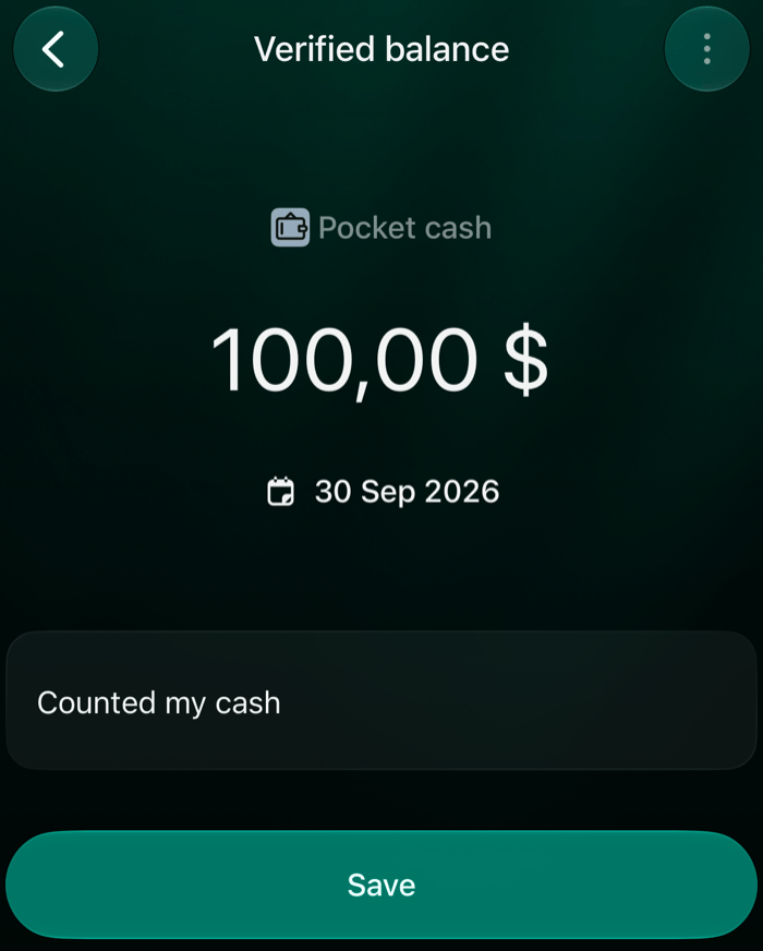 保存前のPocket cashのiOSの照合済み残高。100,00 $、30 Sep 2026、メモCounted my cash、Save。