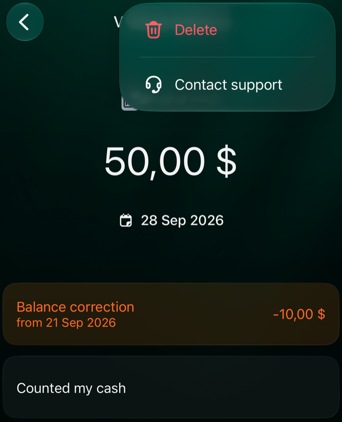 iOS Verified balance of 50,00 $ on 28 Sep 2026 with the ⋮ menu open: Delete and Contact support.