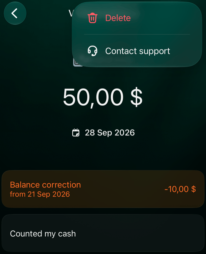 iOSの28 Sep 2026のVerified balance 50,00 $で⋮メニューを開いたところ。Delete、Contact support。