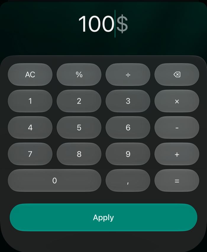 iOS calculator with 100 $ entered and the Apply button.