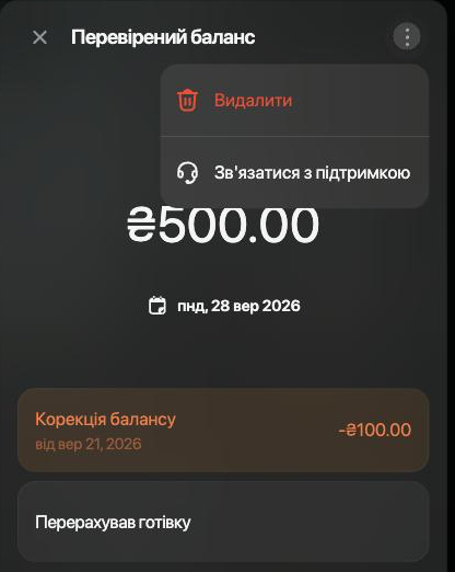 Перевірений баланс ₴500.00 за 28 вересня 2026 з відкритим меню ⋮: Видалити і Зв'язатися з підтримкою.