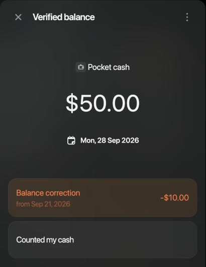 Verified balance $50.00 on 28 Sep 2026 with Balance correction −$10.00 from Sep 21, 2026.