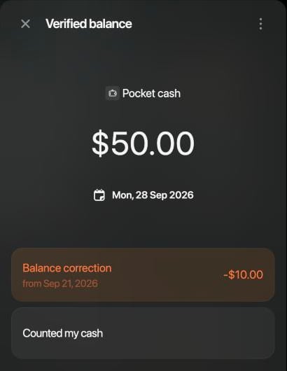 28 Sep 2026のVerified balance $50.00と、Sep 21, 2026からのBalance correction −$10.00。