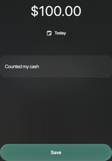 保存前の照合済み残高。100 US dollars、Today、メモCounted my cash、Save。