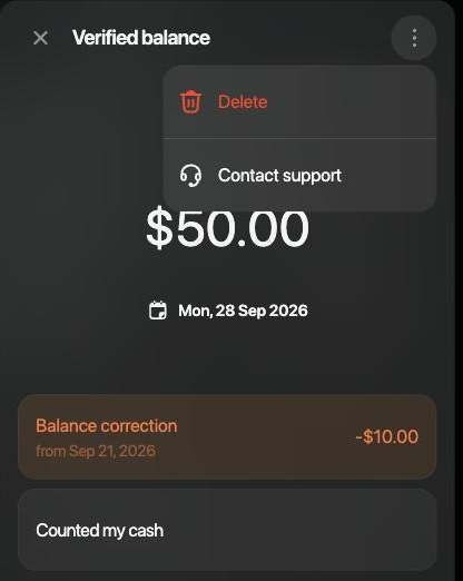 Verified balance of $50.00 on 28 Sep 2026 with the ⋮ menu open: Delete and Contact support.