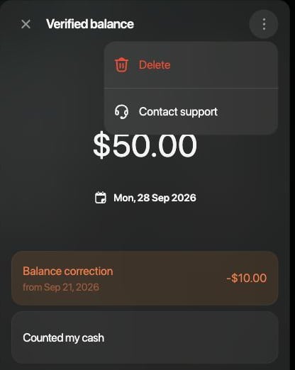 28 Sep 2026のVerified balance $50.00で⋮メニューを開いたところ。Delete、Contact support。