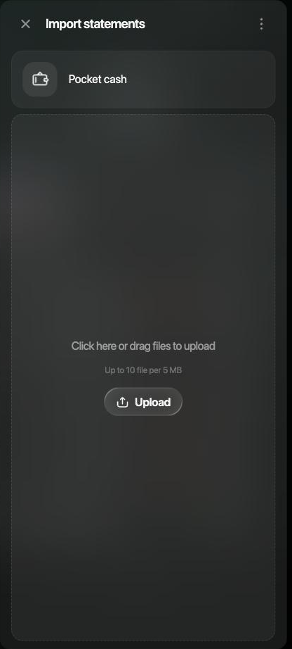 Import statements panel for Pocket cash with Click here or drag files to upload, Up to 10 file per 5 MB, and Upload.