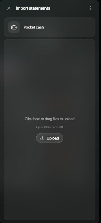 Pocket cashのImport statementsパネル。Click here or drag files to upload、Up to 10 file per 5 MB、Upload。