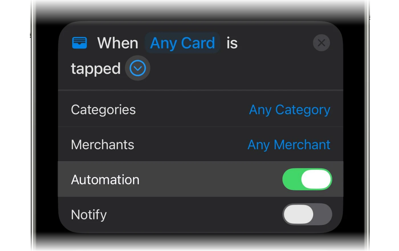 The Automation toggle switched on in the Wallet trigger