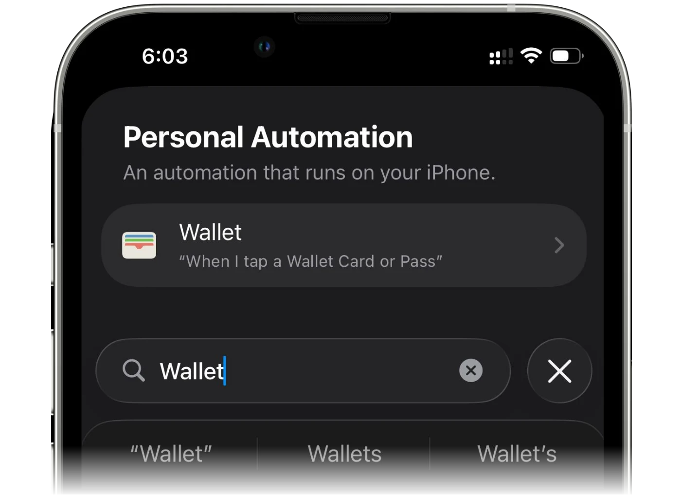 Searching for the Wallet app as an automation trigger