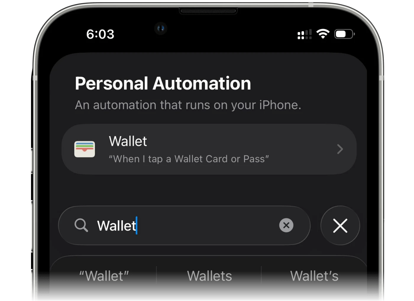 オートメーションのトリガーとしてWalletアプリを検索しているところ