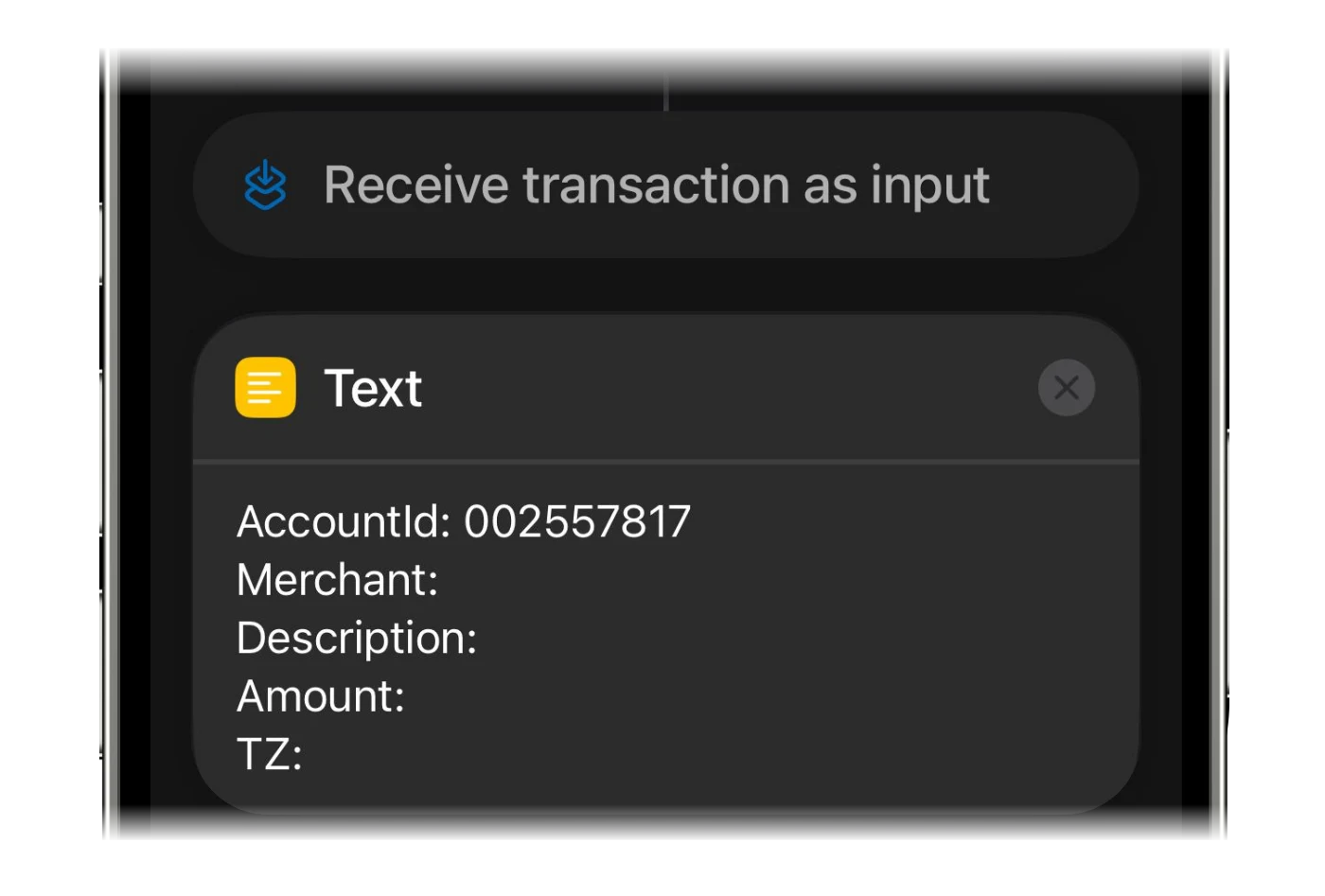 The Text action holding the finerd template