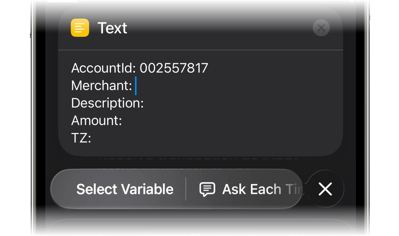 The Select Variable button under the Text action