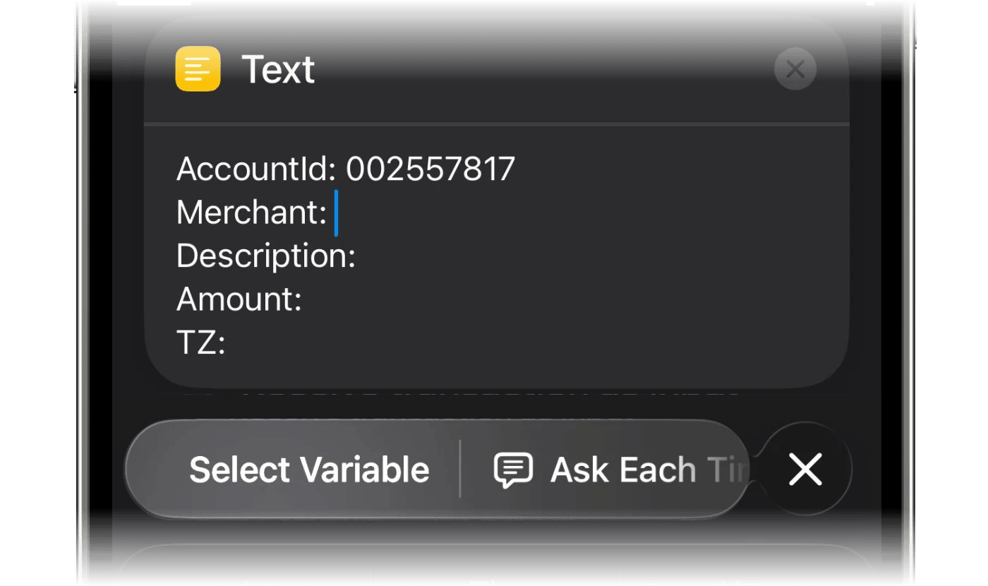 Textアクションの下にあるSelect Variableボタン