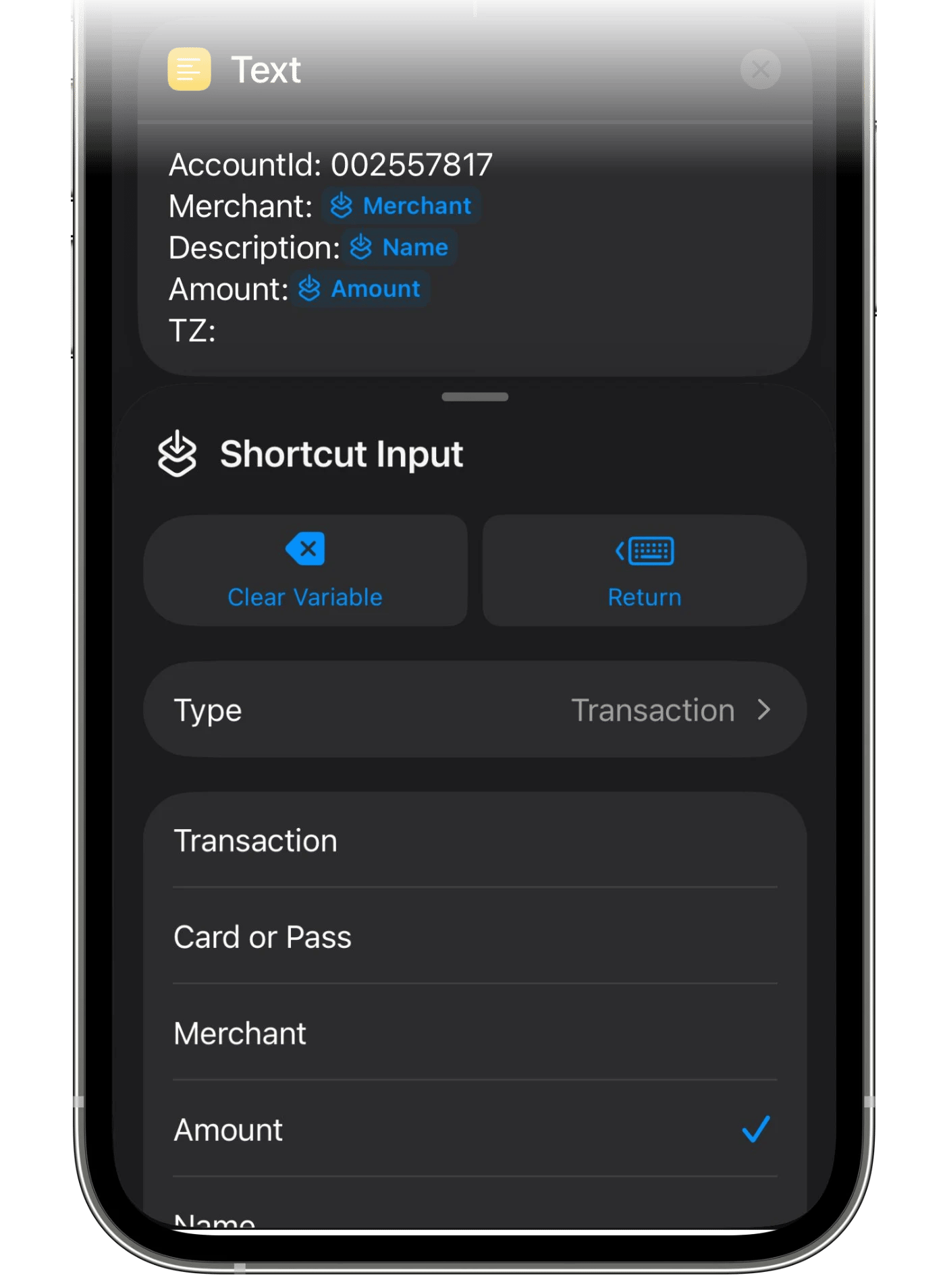Shortcut Input変数のプロパティを選択しているところ