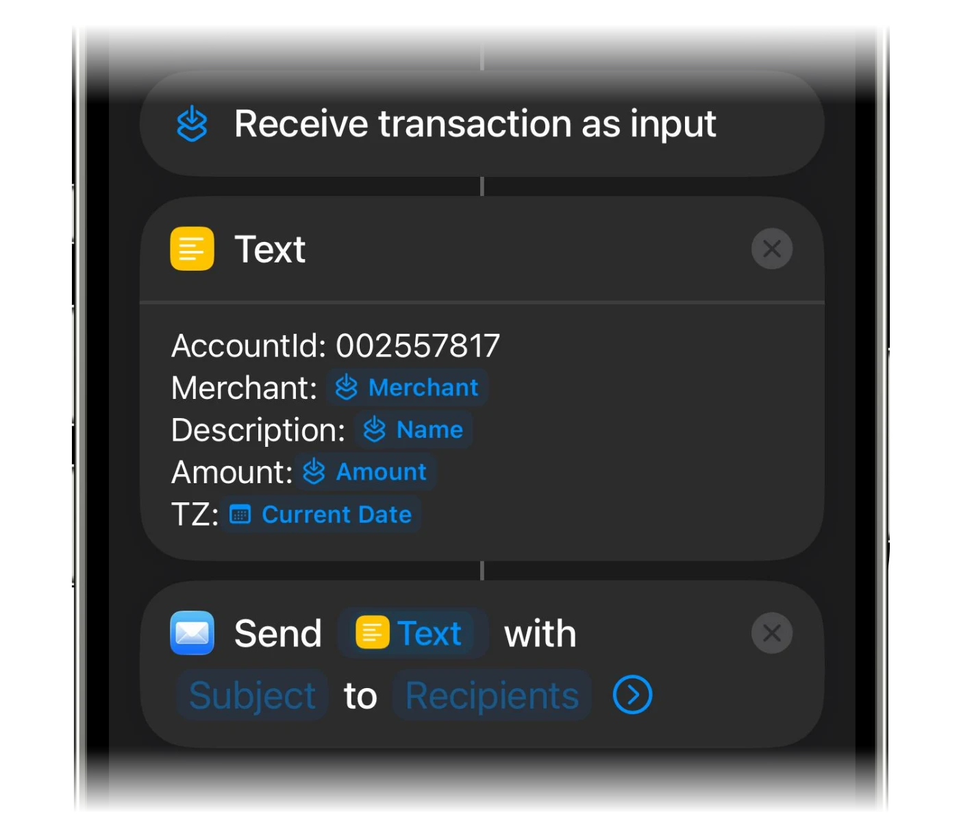 The Send Email action added below the Text action