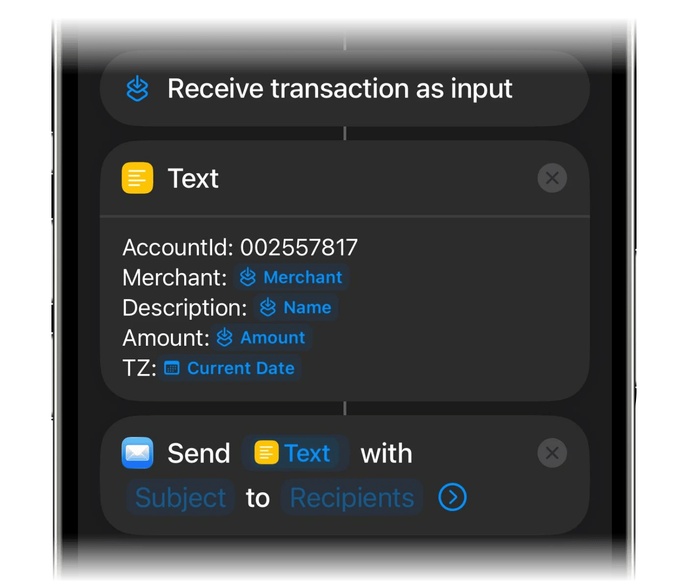 Textアクションの下に追加したSend Emailアクション