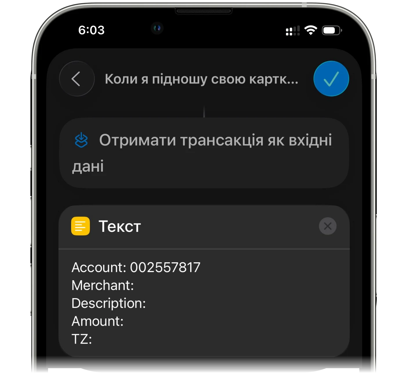 Дія «Текст» із шаблоном finerd