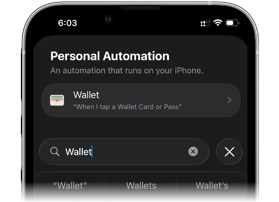 Searching for the Wallet app as an automation trigger