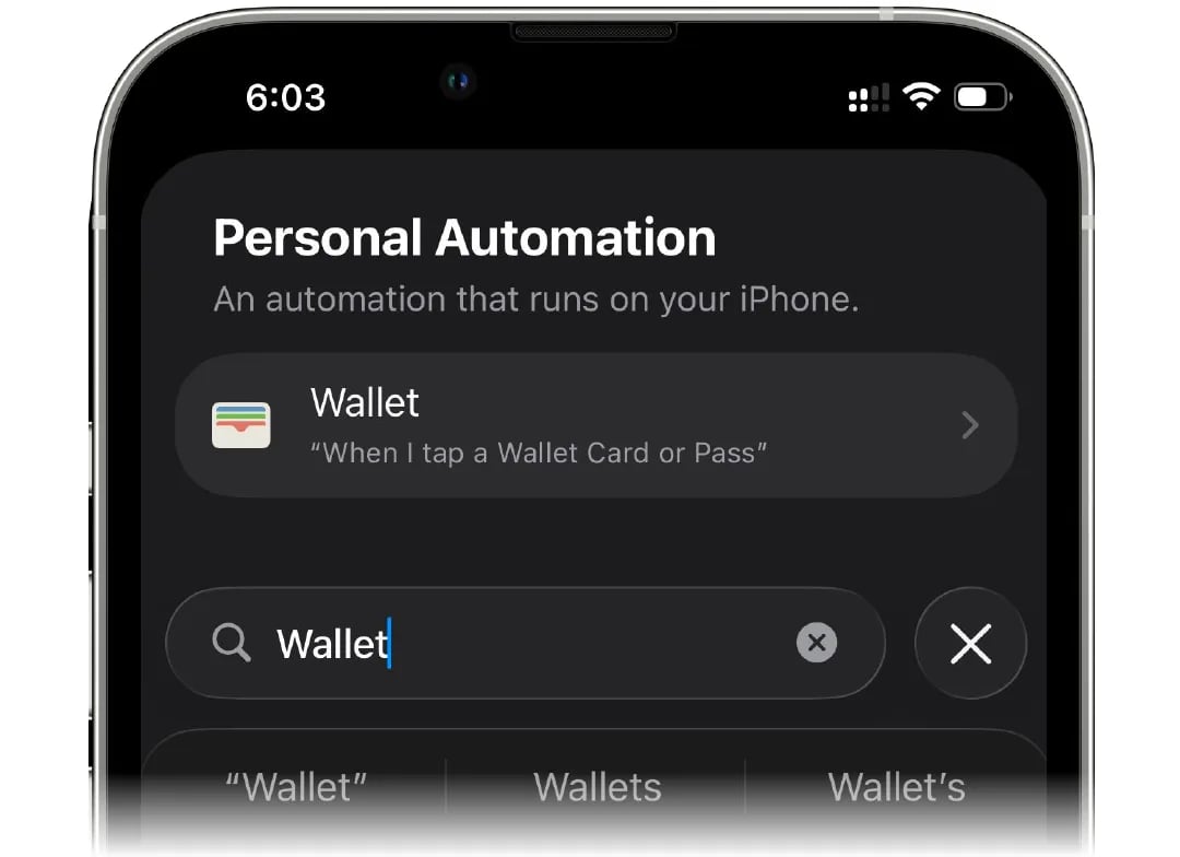 Searching for the Wallet app as an automation trigger