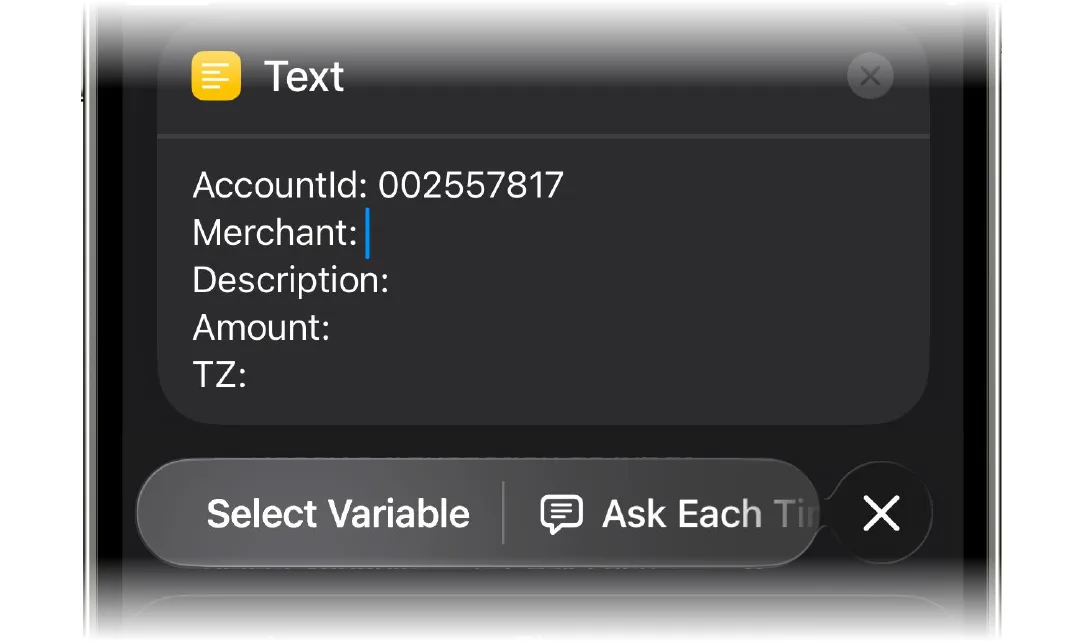The Select Variable button under the Text action