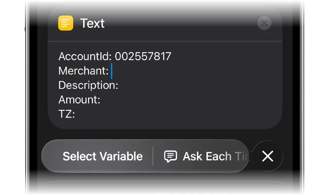 The Select Variable button under the Text action