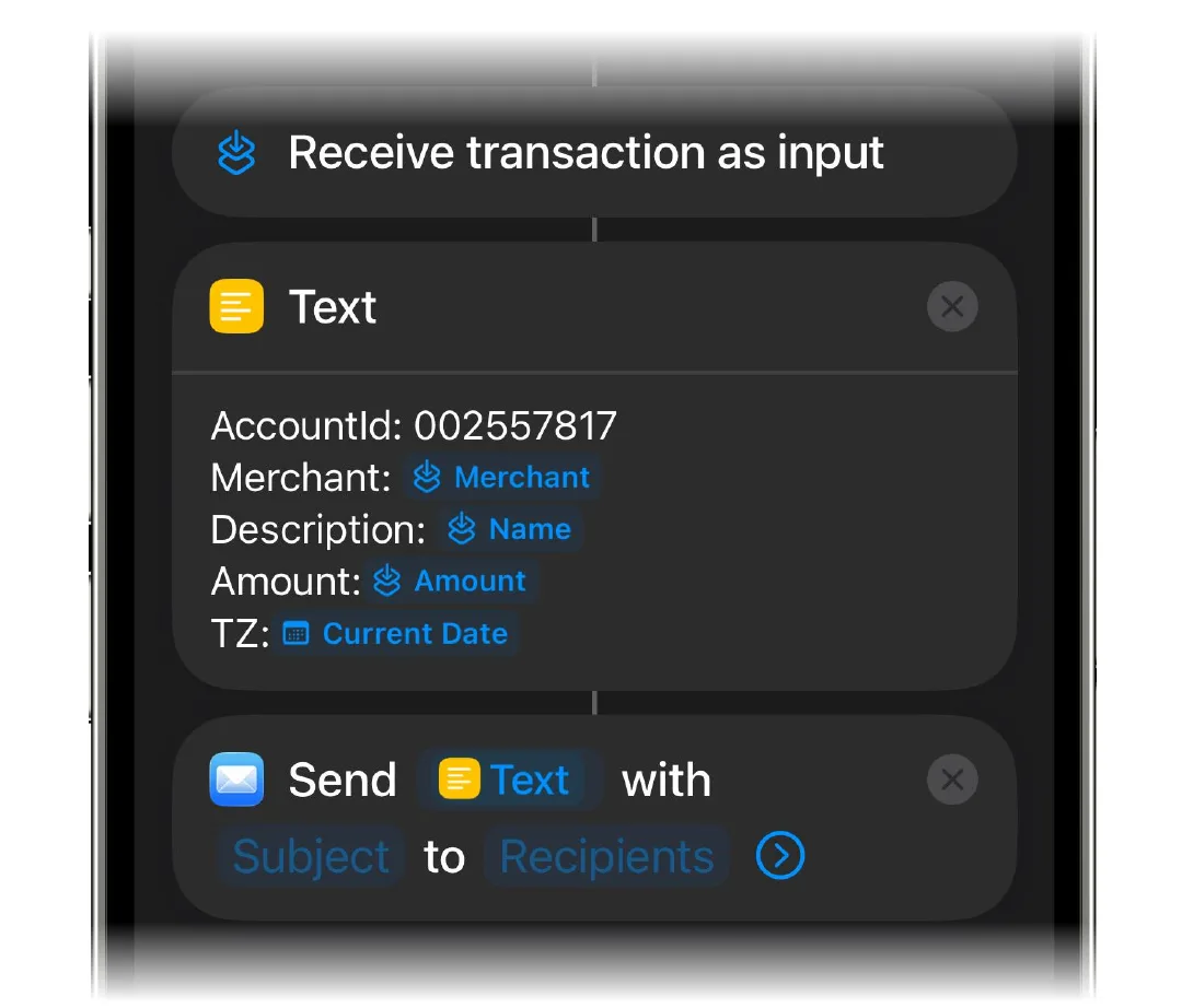 The Send Email action added below the Text action