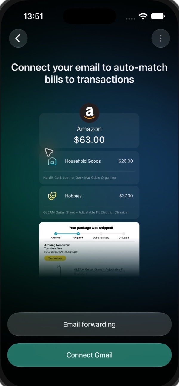 Pantalla de conexión de email de finerd en iOS con Connect Gmail abajo