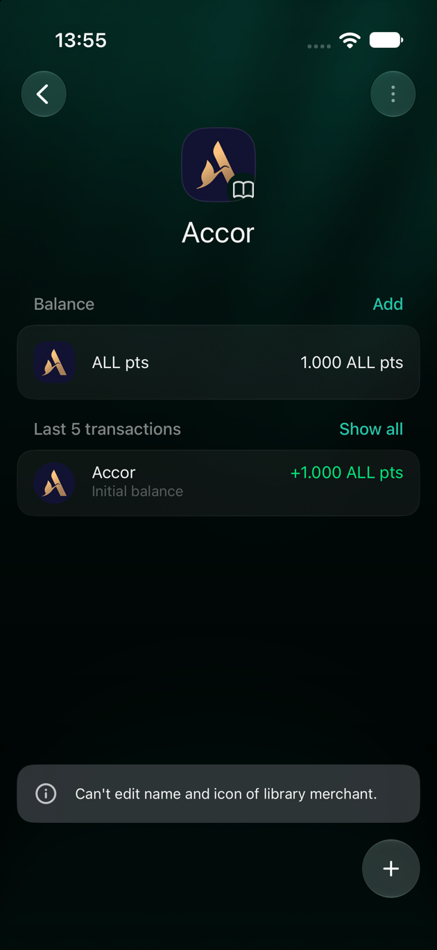 Бонусний рахунок Accor на iOS із початковим балансом 1 000 ALL pts