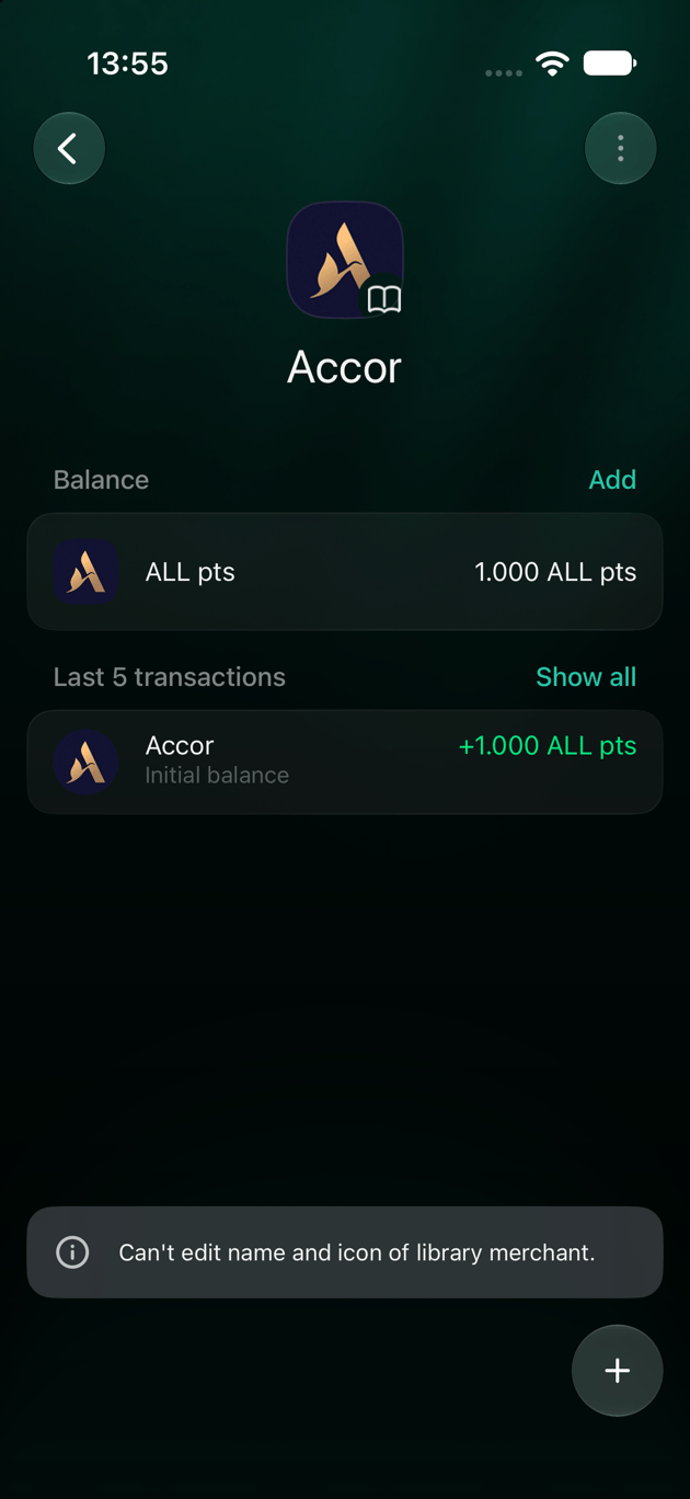 iOSのAccorの特典口座。初期残高は1,000 ALLポイント