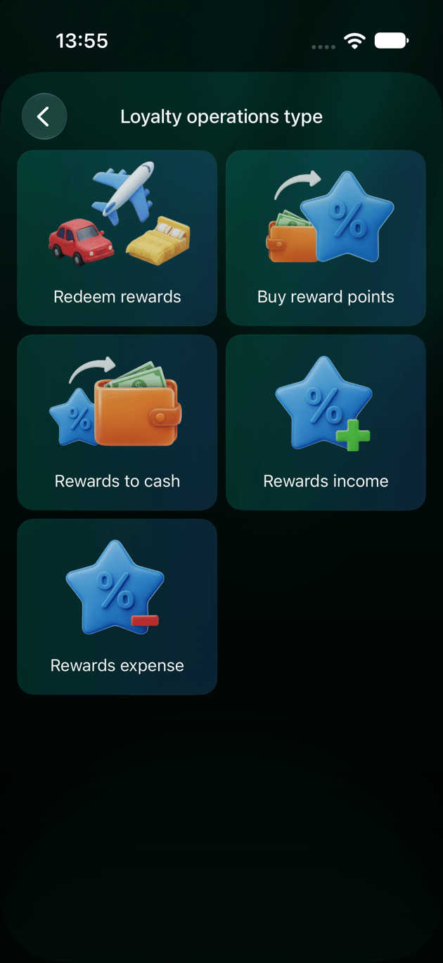 iOSのポイント操作の種類の画面。特典の取引の選択肢が5つ