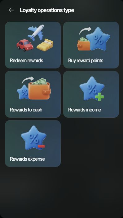 Web loyalty operation choices: redeem rewards, buy points, rewards to cash, rewards income, and rewards expense