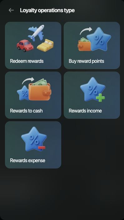 Webのポイント操作の選択肢。redeem rewards、buy points、rewards to cash、rewards income、rewards expense