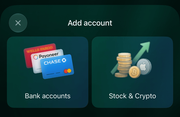 iOS Add account screen with two tiles: Bank accounts and Stock & Crypto.