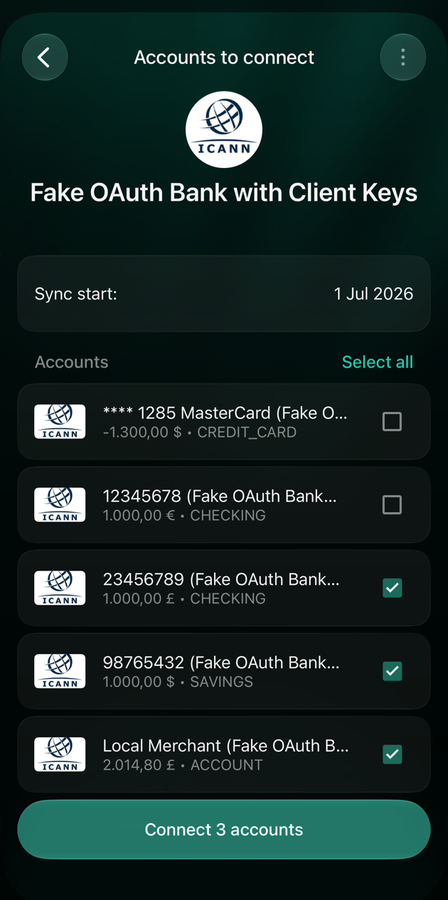 iOS Accounts to connect screen with Sync start 1 Jul 2026, five accounts of which three are checked, and Connect 3 accounts.