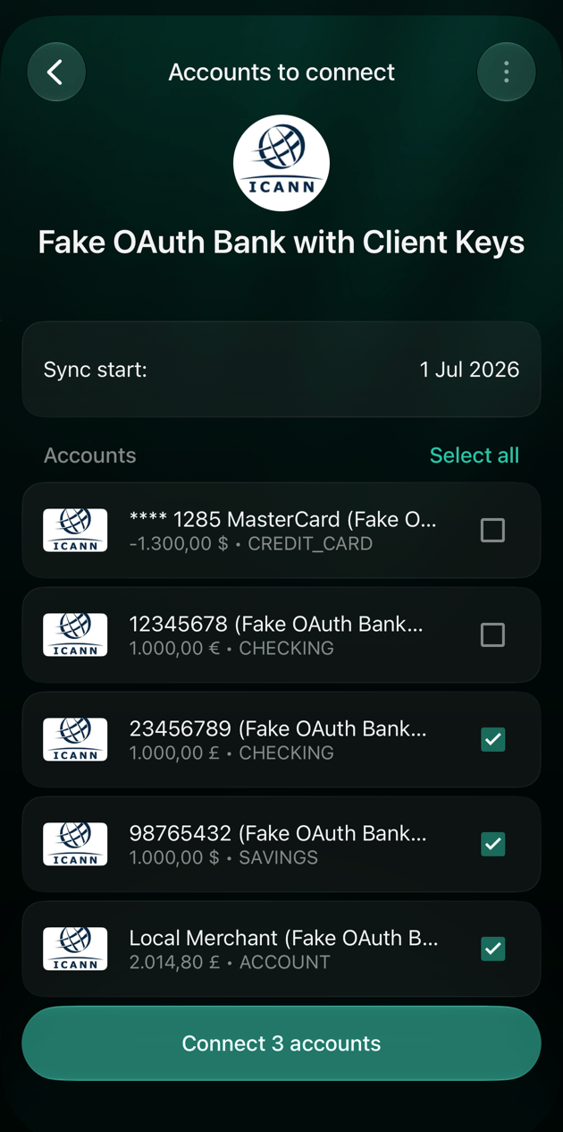 iOS Accounts to connect screen with Sync start 1 Jul 2026, five accounts of which three are checked, and Connect 3 accounts.