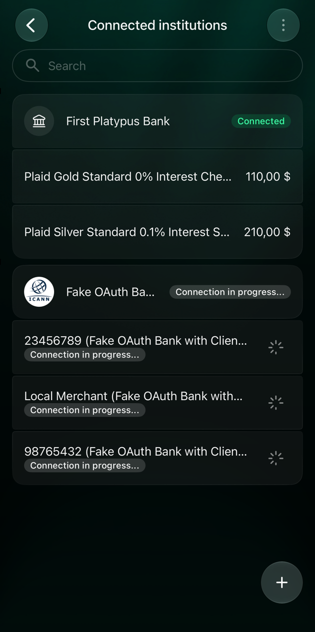 iOS Connected institutions screen with the new bank and its three accounts marked Connection in progress...