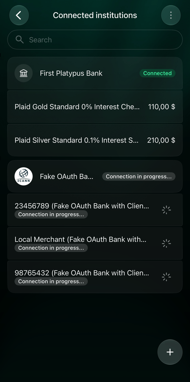 iOS Connected institutions screen with the new bank and its three accounts marked Connection in progress...