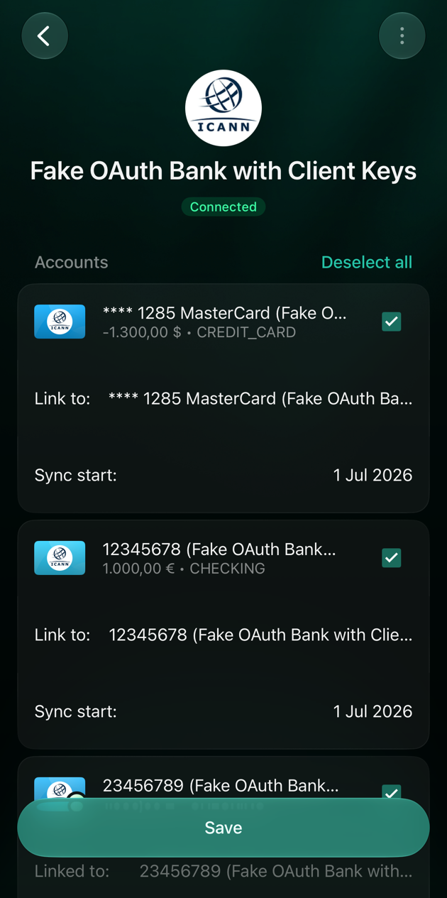 iOS bank screen with two accounts checked, each Link to its existing finerd account, and Save.
