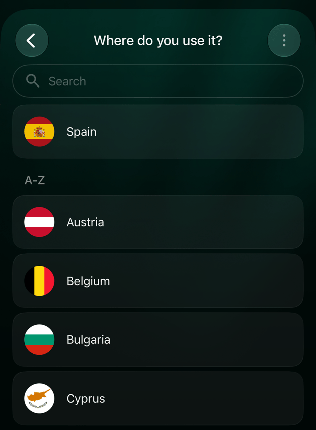 iOS Where do you use it? screen with a search field, Spain at the top and the A-Z list: Austria, Belgium, Bulgaria, Cyprus.
