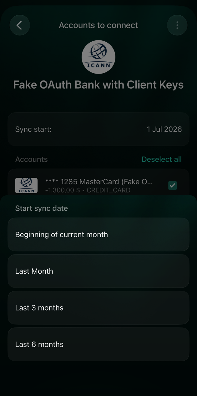 iOS Start sync date options: Beginning of current month, Last Month, Last 3 months and Last 6 months.