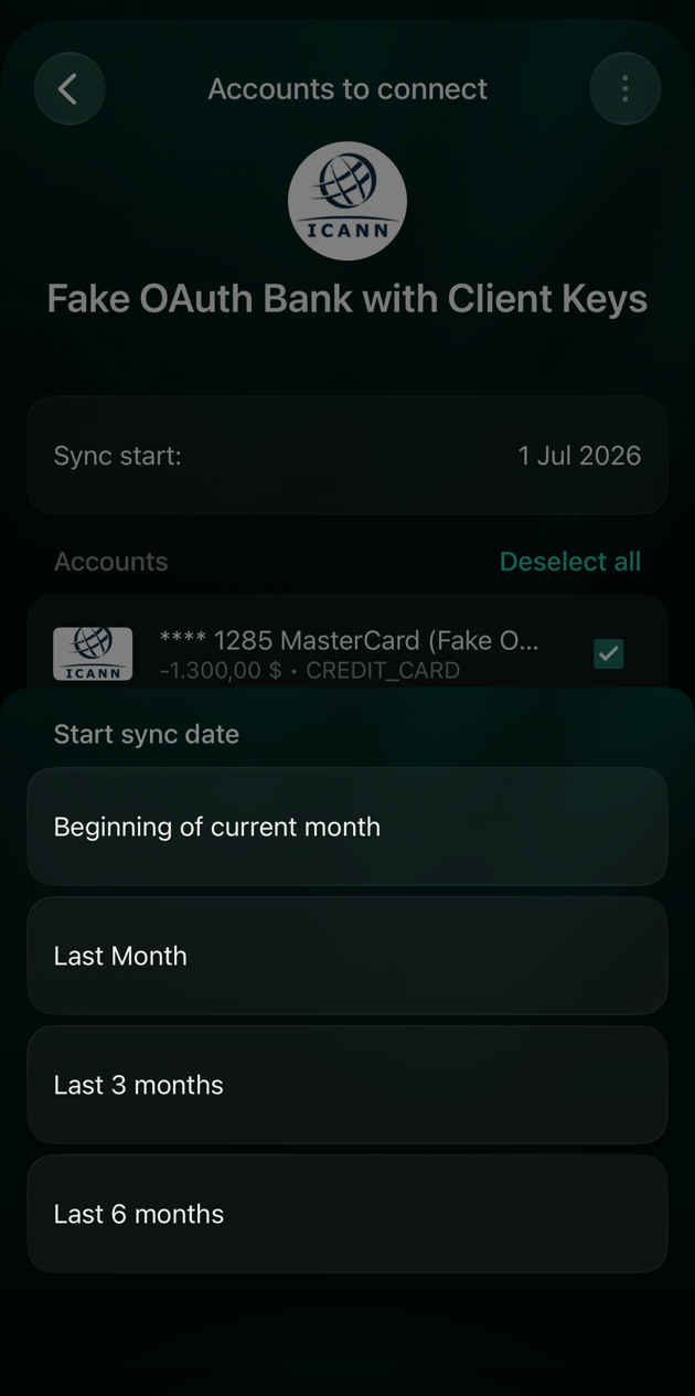 iOS Start sync date options: Beginning of current month, Last Month, Last 3 months and Last 6 months.