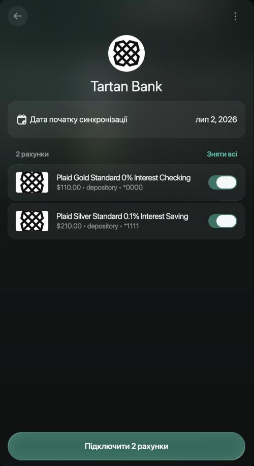 Панель банку Tartan Bank: Дата початку синхронізації, два увімкнені рахунки і кнопка Підключити 2 рахунки.