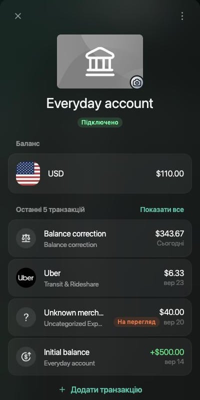 Панель рахунку Everyday account зі статусом Підключено, балансом $110.00 і транзакціями Balance correction $343.67 сьогодні, Uber $6.33 вер 23, витрата $40.00 вер 20 і Initial balance +$500.00 вер 14.