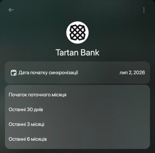 Варіанти дати початку синхронізації: Початок поточного місяця, Останні 30 днів, Останні 3 місяці, Останні 6 місяців.