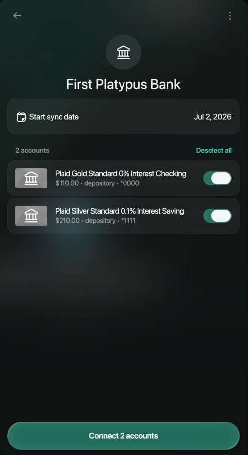 Bank panel for First Platypus Bank with Start sync date Jul 2, 2026, two accounts turned on and Connect 2 accounts.