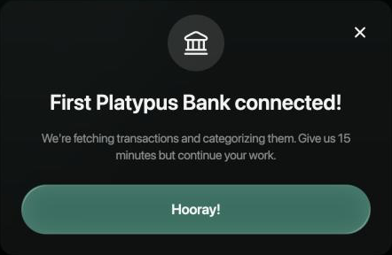 Dialog First Platypus Bank connected! saying finerd is fetching and categorizing transactions and to give it 15 minutes, with Hooray!