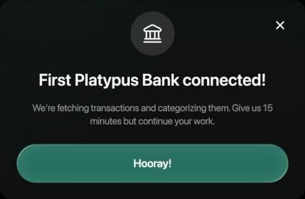 Dialog First Platypus Bank connected! saying finerd is fetching and categorizing transactions and to give it 15 minutes, with Hooray!